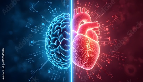 A medical illustration of a brain and heart with a split design representing the connection between mind and body