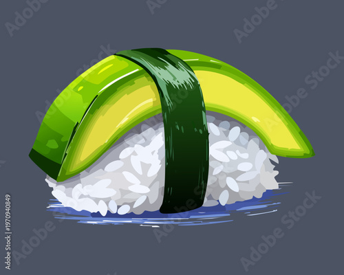 Traditional japanese avocado sushi nigiri with dark seaweed band and fresh green slices for vegetarian dining options Vector Illustration