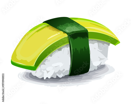 Vegan avocado nigiri sushi with green avocado slices on seasoned rice for healthy vegetarian japanese cuisine menu Vector Illustration