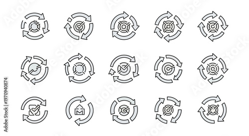 Circular Arrow Process Icons Set: Workflow, Cycle, Refresh, and Update Symbols for Business
