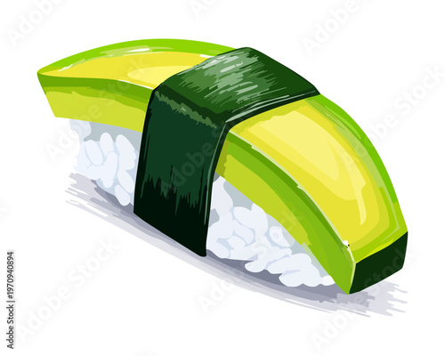 Simple avocado sushi nigiri piece with fresh green slices on white rice for japanese restaurant menu design Vector Illustration