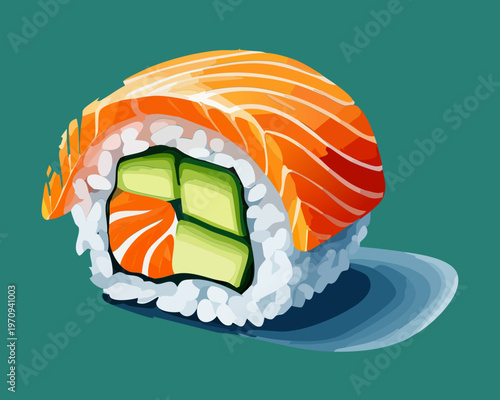 Traditional salmon uramaki sushi roll with green cucumber and rice for authentic japanese restaurant menu and dining Vector Illustration