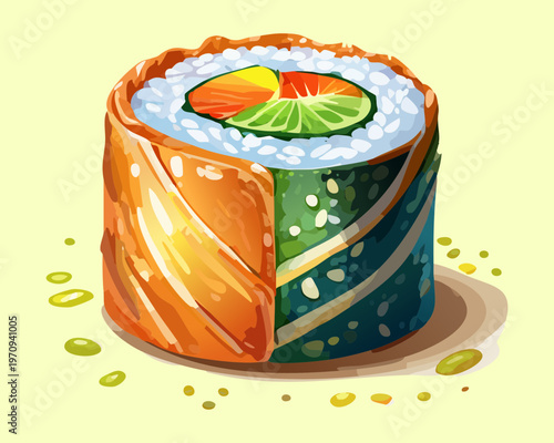 Unique colorful uramaki sushi roll with multiple layers for modern japanese restaurant menu and gourmet dining experience Vector Illustration