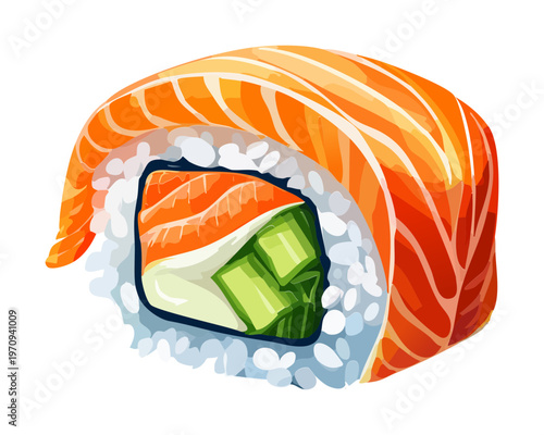 Freshly prepared salmon uramaki sushi roll with avocado for healthy japanese seafood dining and catering service business Vector Illustration