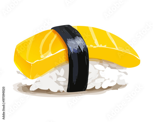 Sweet tamago egg sushi nigiri piece on seasoned rice for traditional japanese restaurant menu and catering service Vector Illustration