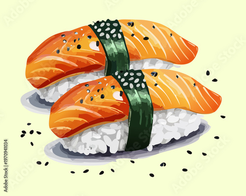 Seared salmon nigiri sushi with two pieces and seaweed band for gourmet japanese seafood dining and appetizer Vector Illustration