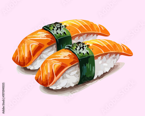 Pair of seared salmon nigiri sushi with seaweed wrap for healthy japanese seafood diet and professional catering Vector Illustration