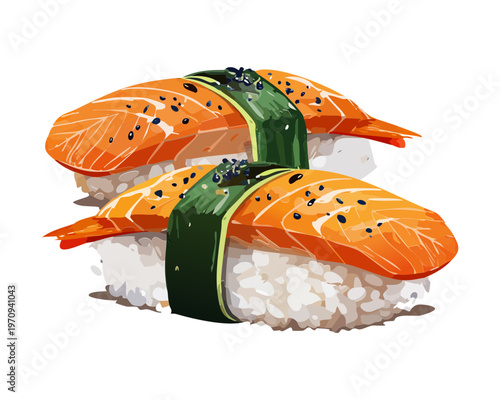 Freshly prepared seared salmon nigiri sushi on rice for authentic japanese restaurant menu and culinary art display Vector Illustration