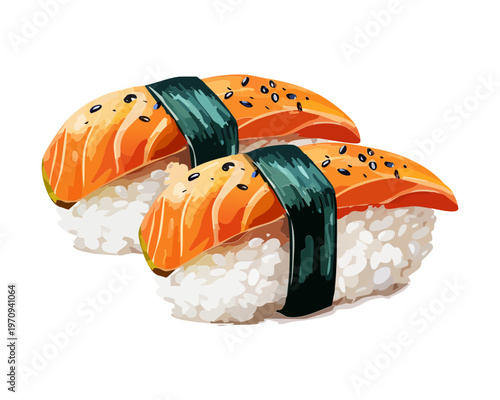 Traditional seared salmon sushi nigiri with rice and seaweed for authentic japanese dining experience and menu design Vector Illustration