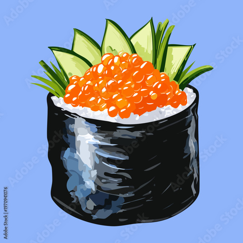 Premium salmon roe gunkan sushi with cucumber garnish for healthy japanese appetizer and professional restaurant menu design Vector Illustration