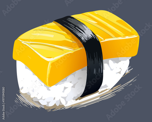 Traditional tamago sushi nigiri with sweet egg omelet and seaweed band for authentic japanese vegetarian dining option Vector Illustration
