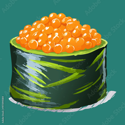Authentic salmon roe gunkan sushi with cucumber slices for traditional japanese dining experience and culinary art display Vector Illustration