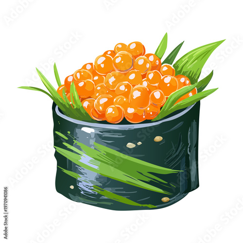 Fresh ikura gunkan sushi with bright salmon roe for healthy japanese seafood diet and professional catering service Vector Illustration
