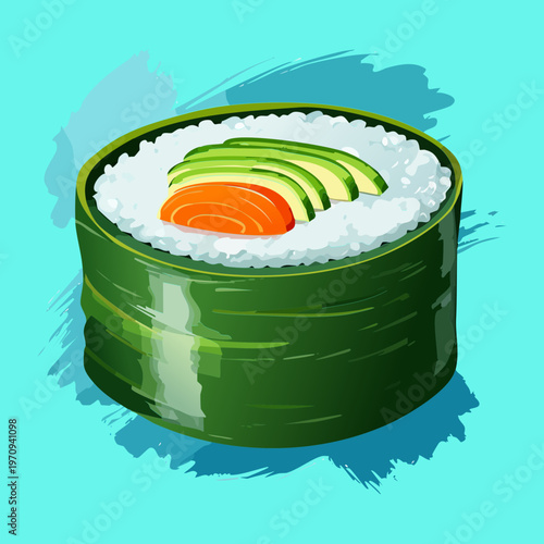Freshly prepared salmon maki sushi roll with green cucumber for authentic japanese restaurant menu and dining options Vector Illustration
