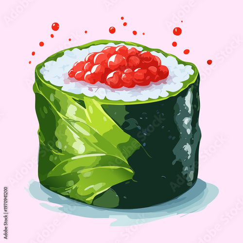 Fresh salmon roe gunkan sushi with ikura for healthy japanese seafood appetizer and traditional restaurant menu design Vector Illustration