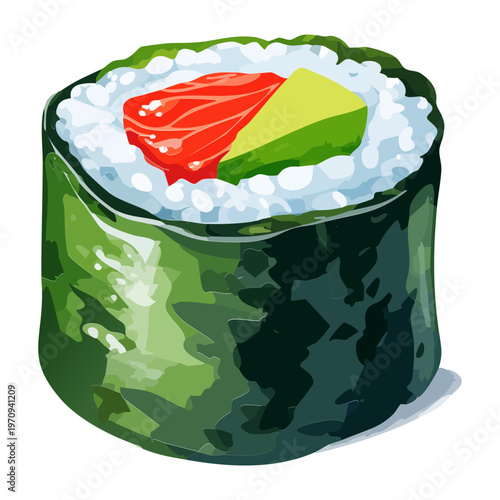 Green vegetable sushi roll with avocado for healthy vegan and vegetarian japanese cuisine options and restaurant menu design Vector Illustration