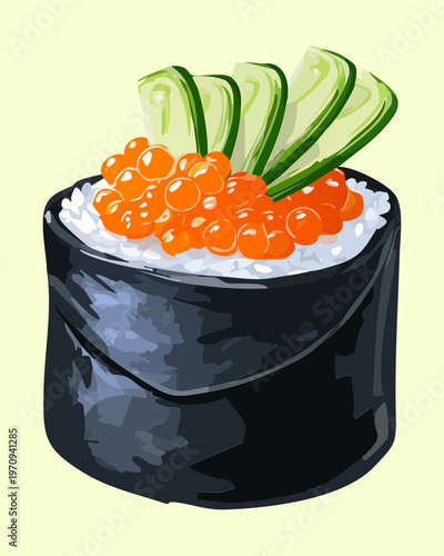 Fresh ikura gunkan sushi with cucumber garnish for premium japanese seafood appetizer and gourmet dining experience options design Vector Illustration
