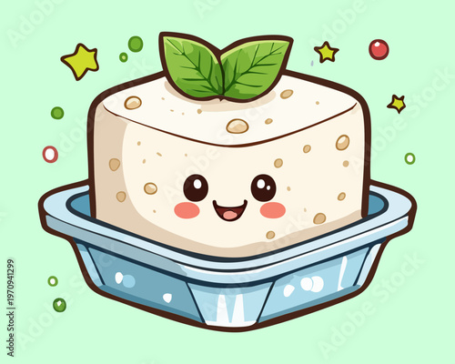 Adorable tofu character in retail packaging for modern vegan food lifestyle and healthy vegetarian diet options branding design Vector Illustration