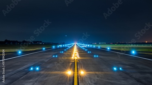 airport runway lights perspective view glowing blue and yellow guiding lines night scene