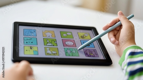 assistive technology tablet showing simple communication icons close up modern AAC device clean white background
