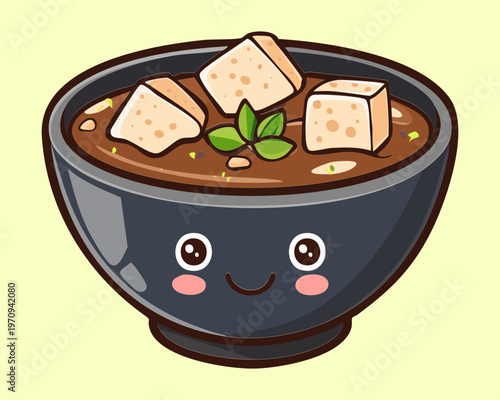 Delicious Japanese Miso Soup With Tofu Cubes In Black Bowl Featuring Cute Kawaii Face Style Design - Vector Illustration