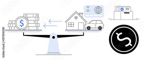 Financial balance concept. Financial priorities ed by money, housing, and personal assets on a scale. Financial balance for managing wealth, budgeting, and investment choices. Suitable for economics