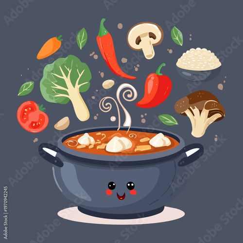 Happy Stew Pot Character Full Of Fresh Vegetables And Herbs For Healthy Cooking And Vegan Nutrition - Vector Illustration
