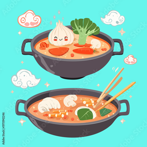 Two Asian Hot Pot Bowls With Steaming Broth And Fresh Vegetables For Authentic Oriental Restaurant Dining - Vector Illustration