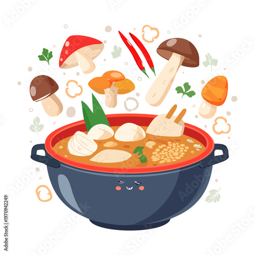 Smiling Hot Pot Character With Mushrooms And Vegetables Boiling For Fun Asian Cuisine Dining Party Concept - Vector Illustration
