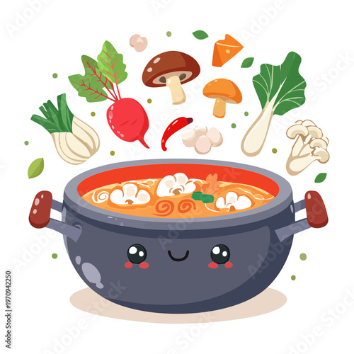 Cheerful Boiling Soup Pot With Flying Vegetables For Creative Cooking Classes And Healthy Lifestyle Advertising Design - Vector Illustration