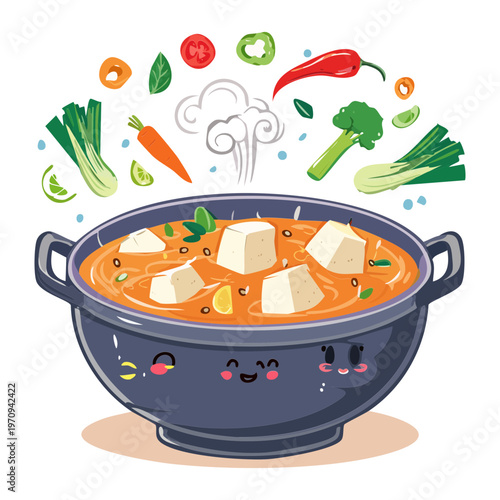 Steaming Vegetable Stew Pot With Tofu For Warm Winter Meal And Nutritious Vegan Diet Recipe Concept - Vector Illustration