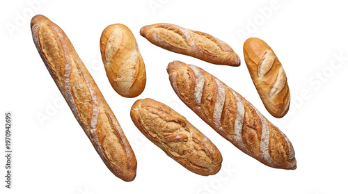 Freshly baked golden baguettes and small French loaves, isolated on a transparent background.