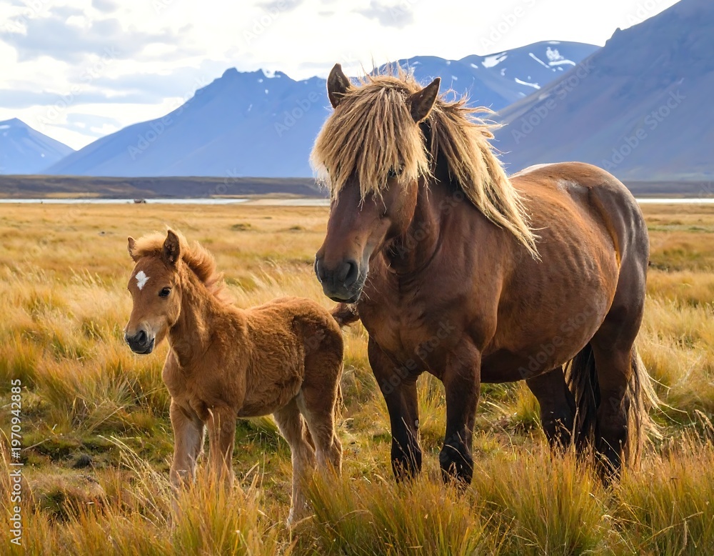 Obraz premium A large brown horse and a small foal in a field