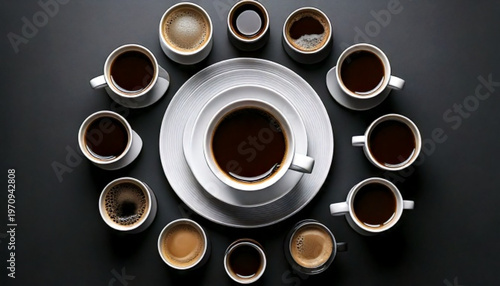 Arrangement of coffee cups in a circle with a large cup in the center.