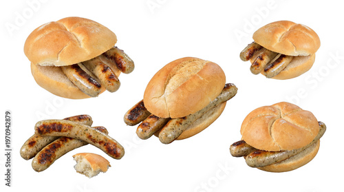 Photos A set of realistic photographs showcasing grilled sausages in bread rolls, with loose ones too