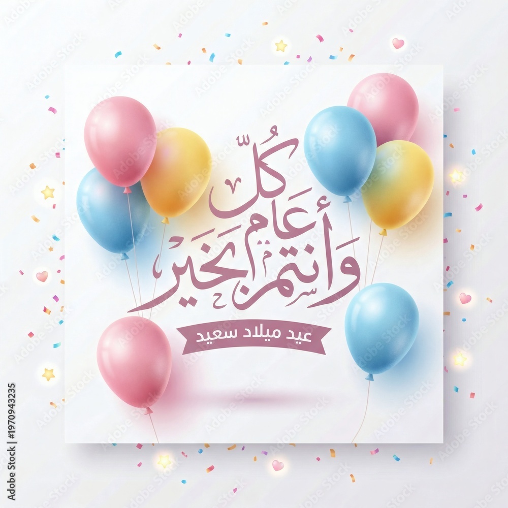 Fototapeta premium A festive greeting card with colorful balloons, confetti, and Arabic calligraphy.