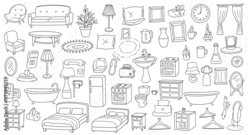 Collection of Hand-Drawn Furniture and Home Decor Items.