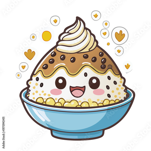 Sweet shaved ice dessert bowl character with chocolate sauce and happy face in flat kawaii cartoon style - Vector Illustration
