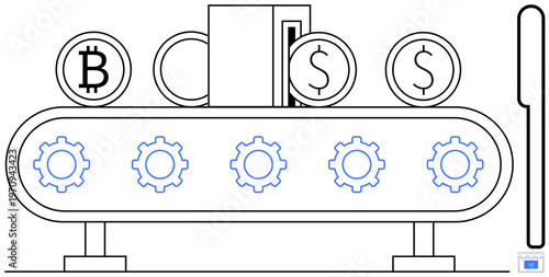 Financial systems, cryptocurrency, automation, fintech, blockchain, digital transactions. Coins with Bitcoin and dollar symbols on a conveyor belt. Financial systems and cryptocurrency