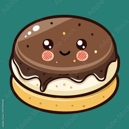 Kawaii chocolate cookie character with sweet cream filling and happy eyes for bakery and snack branding design - Vector Illustration