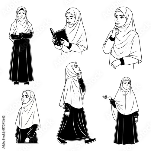 Muslim woman in hijab poses variety.