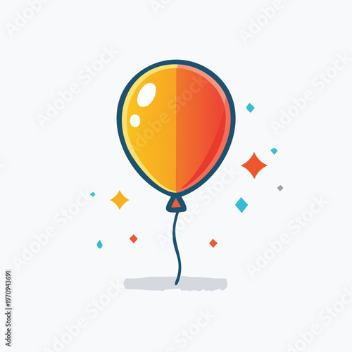 Vibrant orange and yellow balloon with colorful confetti floating in a minimalist setting.