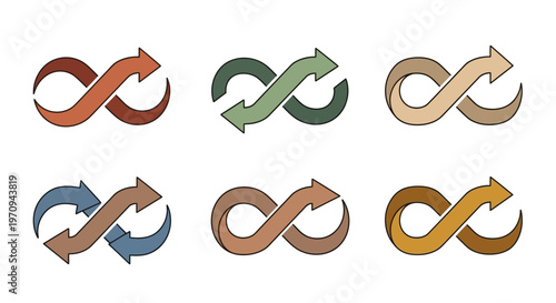Collection of Infinity Symbols with Arrows Representing Continuous Cycle and Endless Process