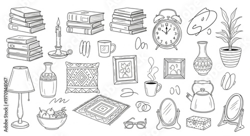 Collection of Hand-Drawn Household Objects and Decor Items.