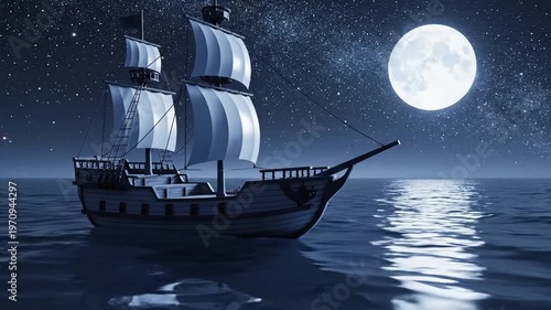 Majestic Wooden Sailing Ship Under a Full Moon Night