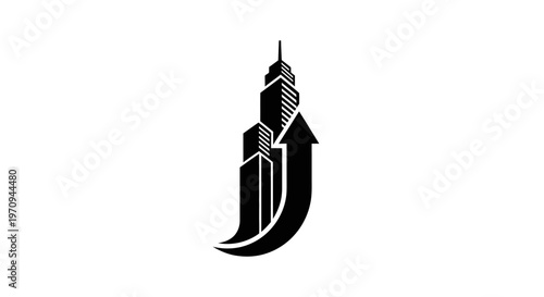 Black and white illustration of skyscraper with arrow.