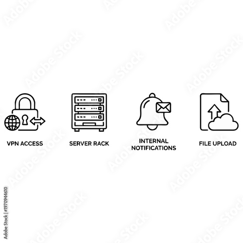 Minimalist vector illustration featuring four essential technology line icons representing network security server infrastructure system alerts and digital file storage solutions