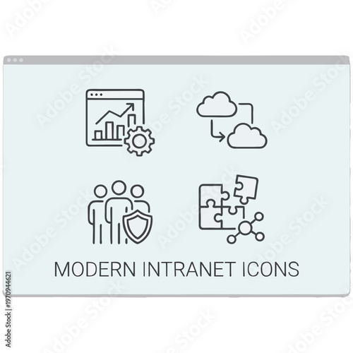 A set of minimalist linear vector icons representing modern intranet features like cloud computing, team security, and software analytics integration