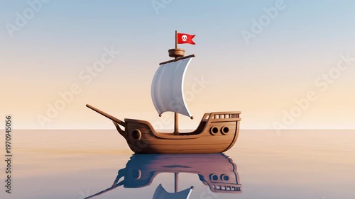 3D Stylized Pirate Ship Sailing on Calm Ocean Water