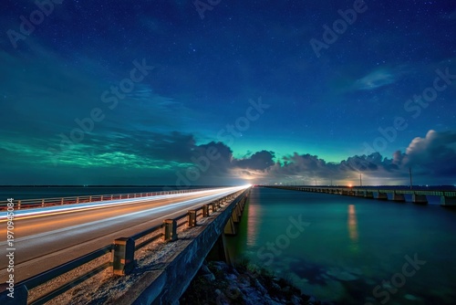 Coastal highway lights streak across bridge under stars